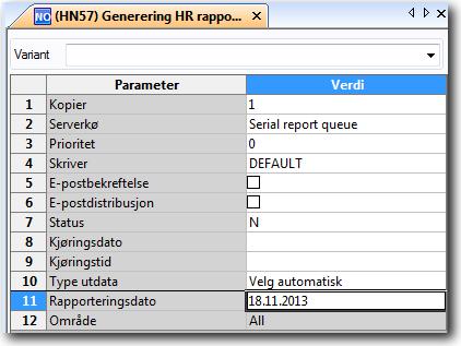 Generering av HR rapportdata Generelt Serverkø Generering av HR rapportdata (HN57) er en serverprosess som fyller de ulike spørreskjermbildene (datagrunnlagene) i HR rapportering med HR data for en