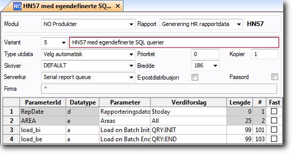 SQL-queriene må opprettes som Rapport under Oppsett/Systemadministrasjon/Rapporter/SQL Querier: Navnet på Rapport er valgfritt (eksempel her «END»), og må refereres til i egne rapport