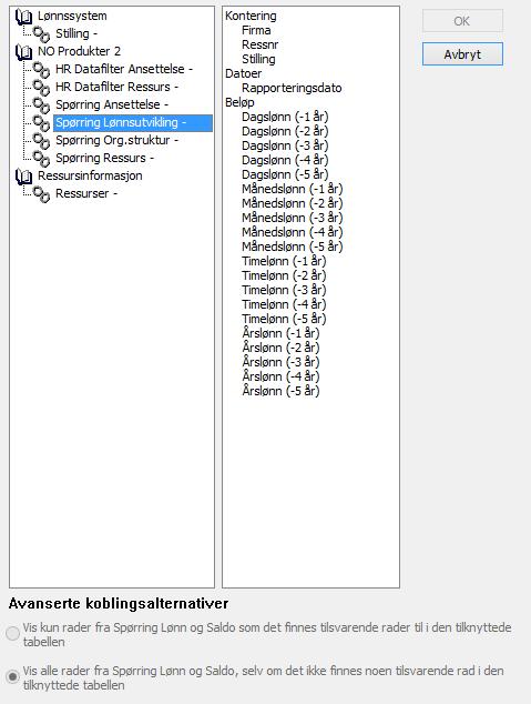 Utvid datagrunnlag I Spørring Lønn og Saldo er det lagt til rette for å bruke funksjonen Utvid datagrunnlag i browser mot følgende datagrunnlag: Lønnsutvikling Spørring Org.
