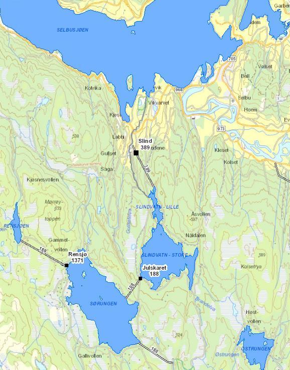 1.1 Nidelvvassdraget - Slind, Sørungen - Rensjøen Magasinene: Regional vannforvaltningsplan foreslår magasinrestriksjoner i Sørungen, Slindvatnet, Østrungen og Litl Slindvatn.