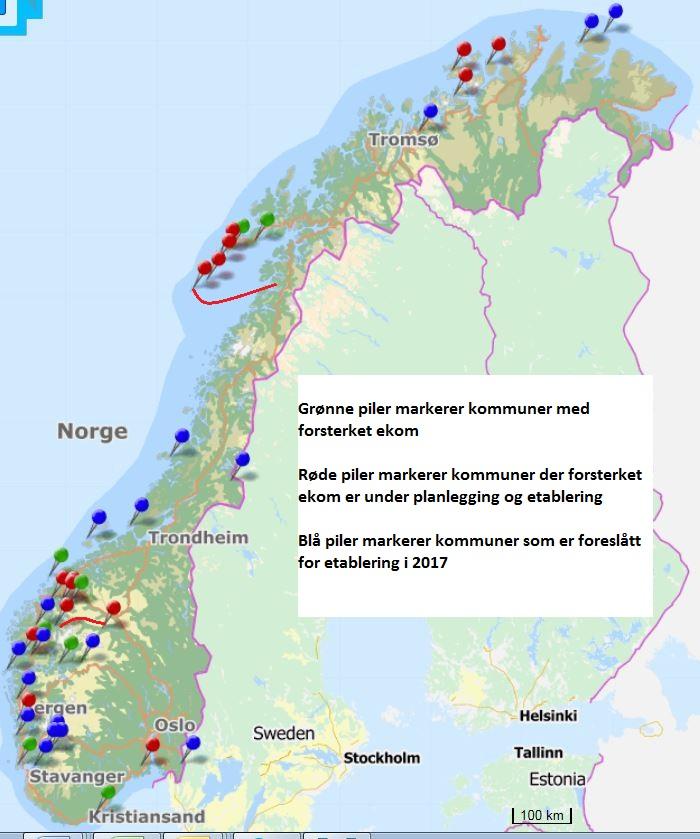 Status forsterket ekomkommuner 2014-2016 2014-2016: 22 kommuner Fiber Vestfjorden Snitt 4,5