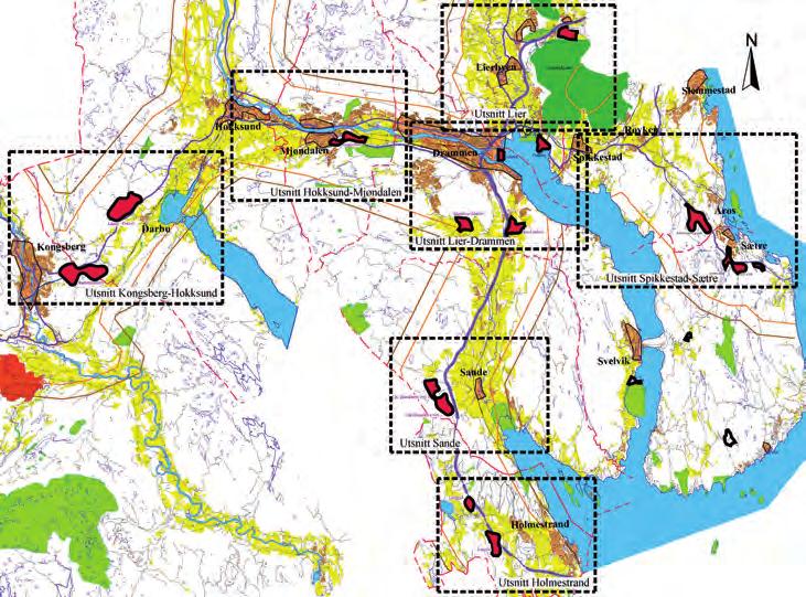 Oversikt over mulige arealer for plasskrevende næringsvirksomhet som er kartlagt av Buskerudbysamarbeidet, 2015, kilde: Civitas Flytting av de mest arealkrevende næringsvirksomhetene ut av bysentra