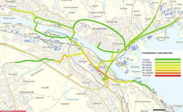 <15 sek 15-30 sek 30-45 sek 45-60 sek 60-90 sek 90-120 sek Forsinkelser i vegnettet i Drammen i ettermiddagsrushet. Kilde: Statens vegvesen 2013, KVU for Buskerudpakke 2.