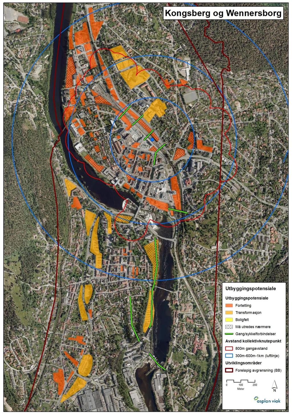 Fase 2 Utviklingsmuligheter. Attraktive og livskraftige byer og tettsteder 46 Figur 40. Potensielle utbyggingsområder i Kongsberg sentrum og Wennersborg.