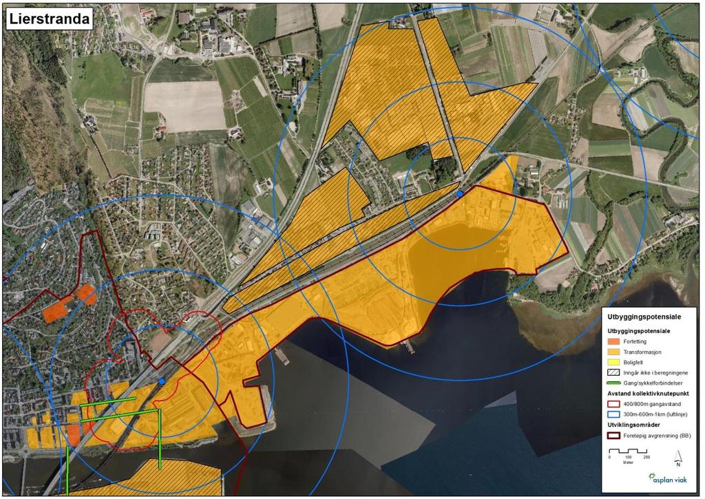 Fase 2 Utviklingsmuligheter. Attraktive og livskraftige byer og tettsteder 76 Fortettingspotensial Lierstranda Det er funnet 780 daa transformasjonsareal på Lierstranda.