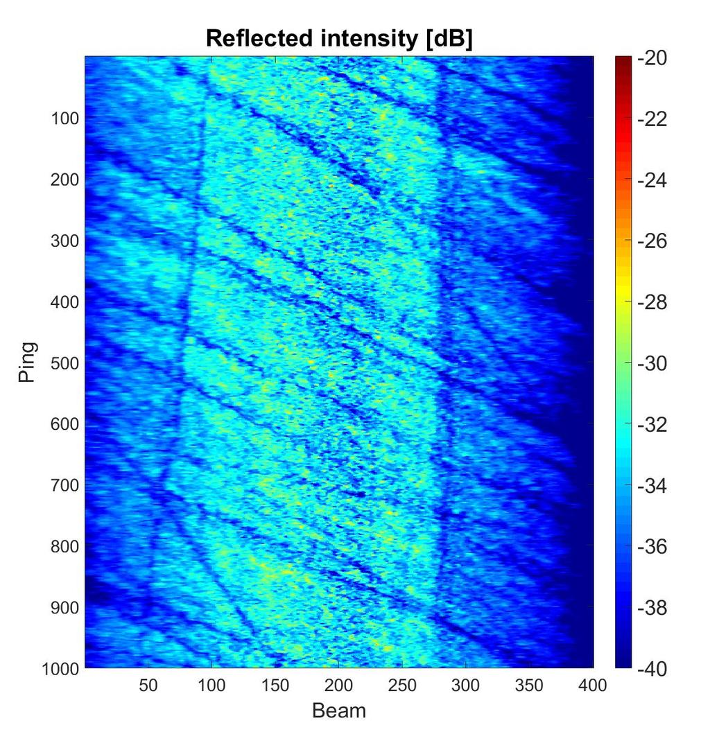 Data fra Kongsberg Maritime (a) Relativ dybde (b) Reflektert intensitet.