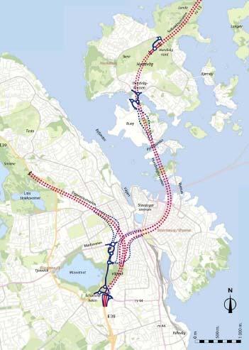 7.4 Eiganestunnelen 7.4.1 Trasébeskrivelse Tunnelpåhugg sør i bydelen Schancheholen i Stavanger vil bli liggende i skråningen langs østsiden av E39.