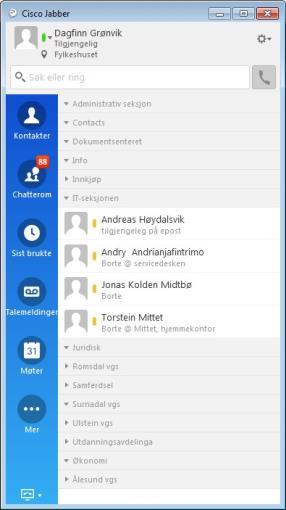 grunnleggjande funksjonane for alle tilsette vil vere at alle får starta Cisco Jabber-klienten når ein startar PC-en sin.