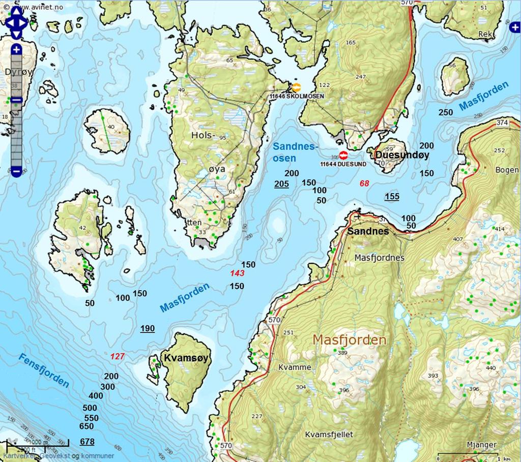 Lokaliteten Duesund ligg rett på utsida av (vest for) hovudterskelen til Masfjorden, som er på ca 68 m djup mellom Duesundøyna og Sandnes (figur 3).