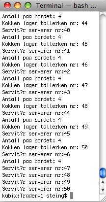 Et større li' større eksempel kokk og servitør Kokken lager mat og se'er en og en tallerken på et bord Servitøren tar en og en tallerken fra bordet og serverer Kokken må ikke se'e mer enn