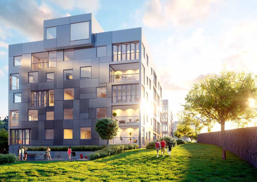 MODERNE FASADER Valahaug får fire leilighetsbygg, hvor andre bygg får seks etasjer. Særdeles luftig mot det åpne landskap, solrikt og landlig.
