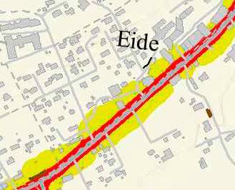 Møllerop Utsnitt av støyvarselkart ved Mølleropområdet som viser rød og gul sone. Kartet er utarbeidet av Statens vegvesen.