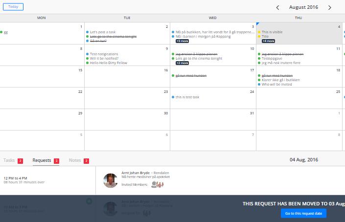 CuraGuard kalender I kalenderen vil oppgaver som er postet (grønne), oppgaver som er mottatt forespørsler (blå) og notater (gule) ligge.