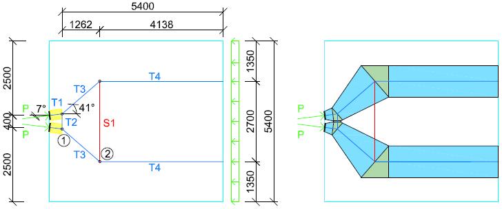 6 D-region A Forankringer i bruplaten Figur 6-10: Horisontal stavmodell og trykkfeltutbredelse for modell 1. Forankringskraften har en innføringsvinkel på 7 for hver kabel.