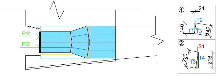 7 D-region B Forankringer i undergurt Trykkfeltutbredelse og knutepunktdetaljer er vist i Figur 7-4. Målsatte knutepunkt benyttes for å finne opptredende trykkspenninger.