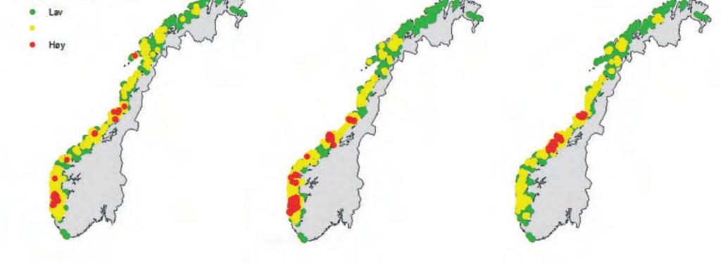 Figur 9 viser at de nordlige deler av Norge har en betydelig mindre produksjon av luselarver sammenlignet med andre områder av landet og at det er stor sesongvariasjon grunnet temperaturpåvirking der