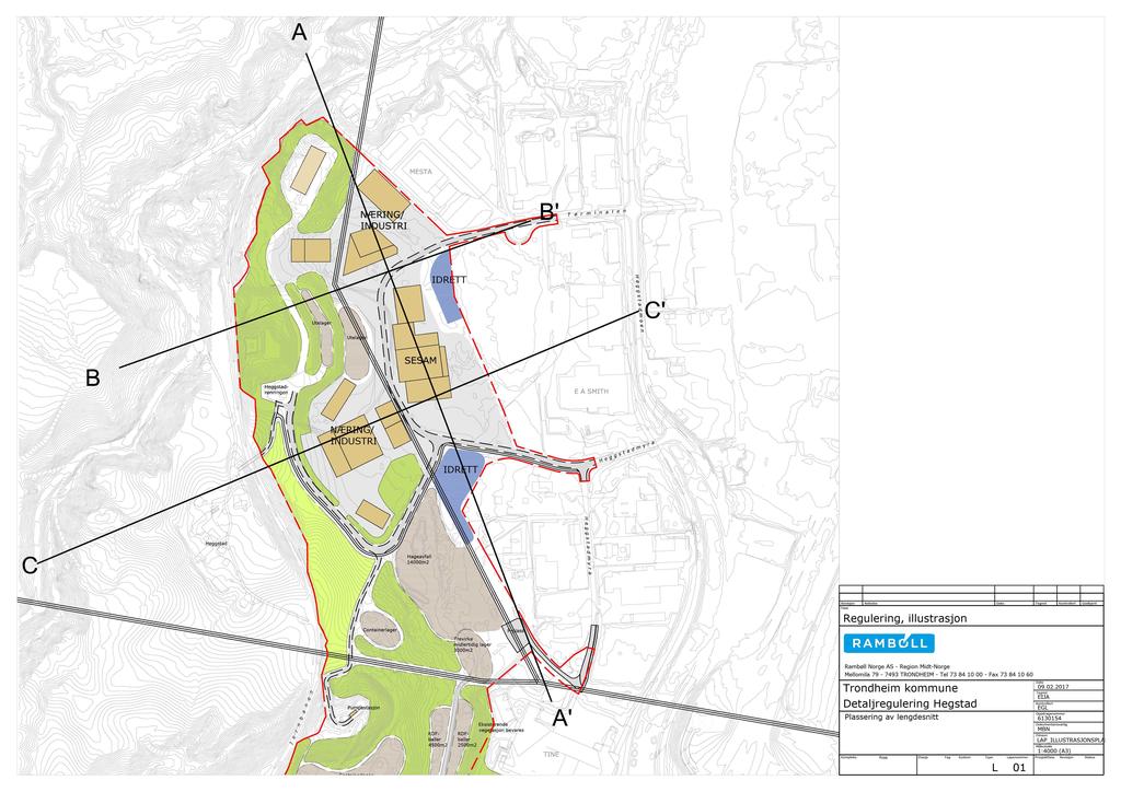 A B' I D RETT C' Utelager Utelager B 1 5,1* I ND USTRI I D RETT Hageavfall 14000m2 C Revisjon Fase Rettelse Dato Tegnet Kontrollert Godkjent Regulering, illustrasjon Containerlager Trevirke