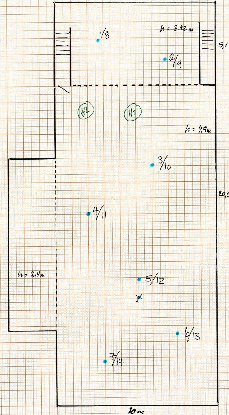 Tegninger av rommet og måleposisjoner Angivelse av målepunkter: 1-10 = etterklangmåling, 1-6 =