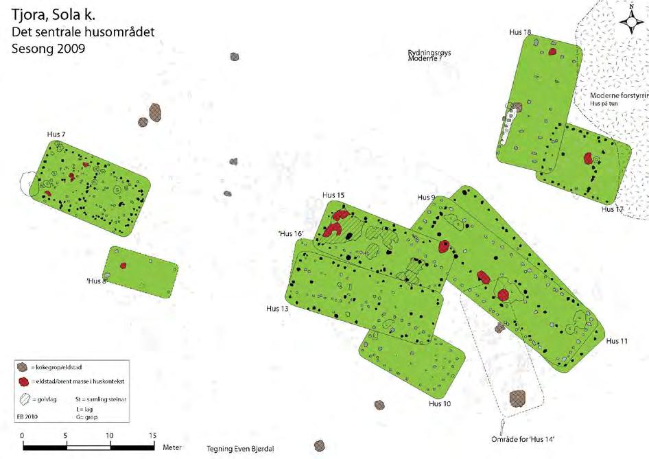 Husklynge på sørlig område På sørlig område var det mulig å framtolke husplaner til 5 hus som lå i en klynge, hus 9,10,11,13, 14 og 15 (fig. 76).