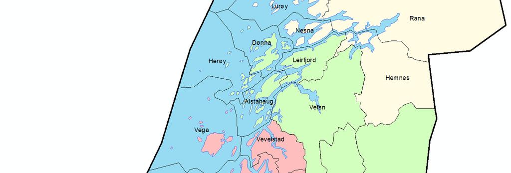 Figur 2 Kart over kommuner på Sør-Helgeland og omkringliggende kommuner som inngår i utredningen. Øykommunen Vega er den eneste kommunen i regionen som ikke er direkte er tilknyttet Fylkesvei 17.