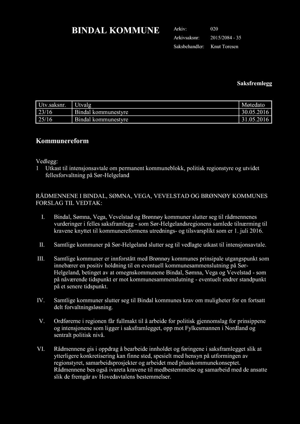 BINDAL KOMMUNE Arkiv : 020 Arkivsaksnr : 2015/2084-35 Saksbehandler : Knut Toresen Saksfremlegg Utv.saksnr. Utvalg Møtedato 23/16 Bindal kommunestyre 30.05.