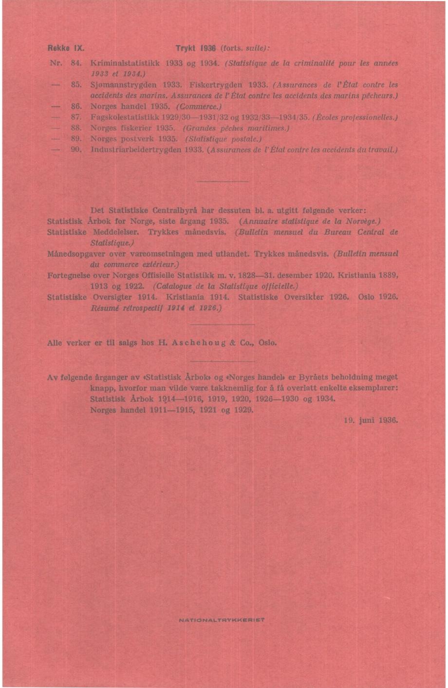 Rekke IX Trykt 1936 (forts suite): 84 Kriminalstatistikk 1933 og 1934 (Statistigue de la criminalité pour les annees 1933 et 1934) 85 Sjomannstrygden 1933 Fiskertrygden 1933 (Assurances de l' Plat