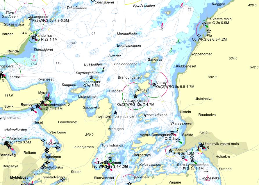 Banealternativ B, ca 20nm Ved start og mål i Ulsteinvik: Start og mållinje mellom raud og svart midtgrunnemerke og startbåt.