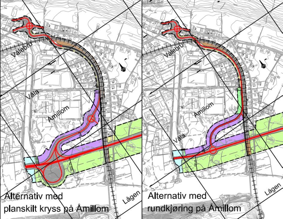 Profil 3100: Kryss i Åmillom og atkomstveg til Vålebru. Kommunedelplanvedtaket forutsetter rundkjøring i krysset med tilknytningen til Vålebru.
