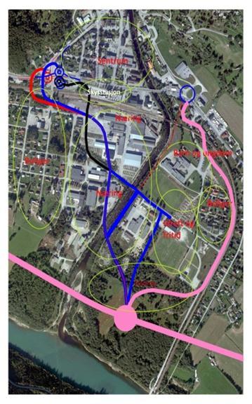 Kommunedelplan for E6 i rosa, regulert kryssing av jernbanen i rødt og idéskisse med alternative forbindelser mellom E6 og sentrum i blått/rødt/svart.