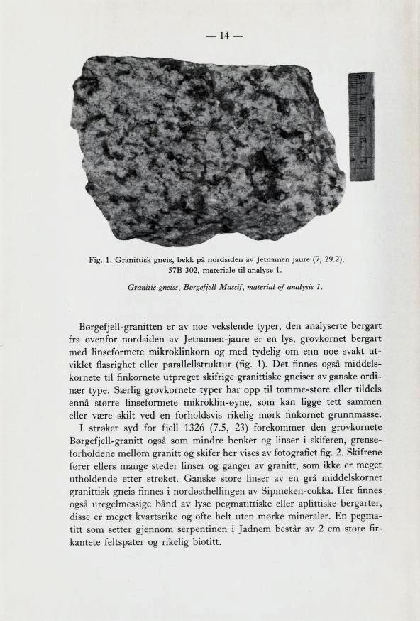 14 Fig. 1. Granittisk gneis, bekk på nordsiden av Jetnamen jaure (7, 29.2), 578 302, materiale til analyse 1. Granitte gneiss, Børgefjell Massif, material of analysis 1.