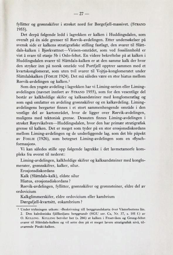 fyllitter og grønnskifrer i strøket nord for Børgefjell-massivet. (Strand 1955). Det derpå følgende ledd i lagrekken er kalken i Huddingsdalen, som overalt på én side grenser til Rørvik-avdelingen.