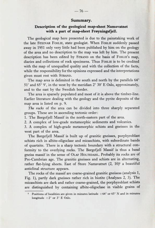 76 Summary. Description of the geological map-sheet Namsvatnet with a part of map-sheet Frøyningsfjeli.