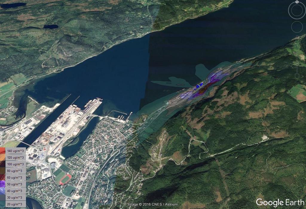 Spredningsberegninger Uendret skorsteinshøyde på eksisterende tapperøyksfilter, 35 meter høy skorstein på nytt tapperøyksfilter Figur 8 18. høyeste bakkekonsentrasjonsbidrag av NO2 (µg/m³, timemiddel.