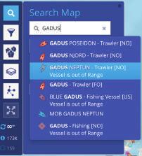 SØK Legg til «GADUS» i feltet merket «Finn et fartøy eller havn», og begge våre fiskebåter vises. Foto BARTOSZ WOGÓRKA 3.