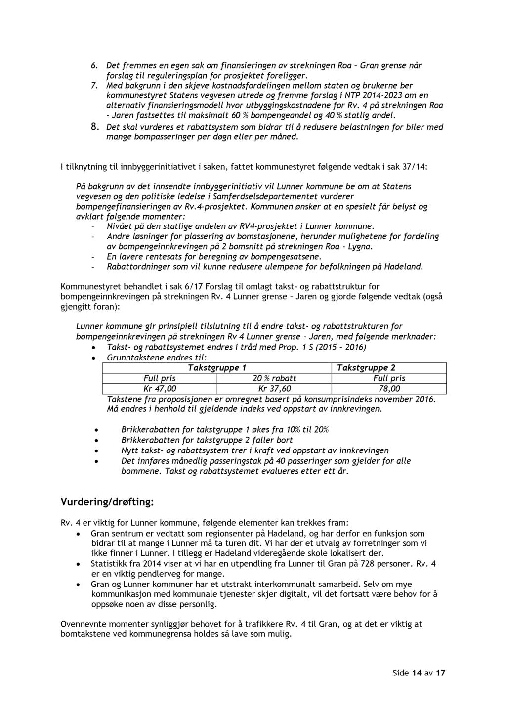 6. Det fremmes en egen sak om finansieringen av strek ningen Roa Gran grense når forslag til reguleringsplan for prosjektet foreligger. 7.