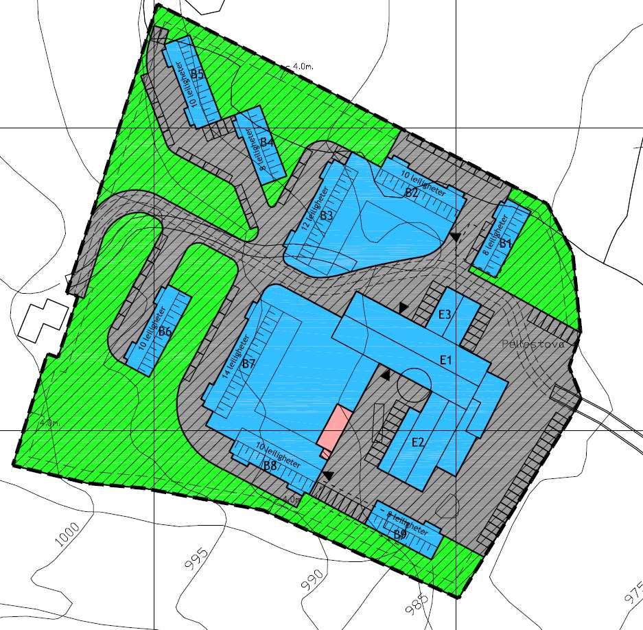 4. PLANENS BEGRENSNING Under vises forslag til ny plangrense med rød stiplet strek: Kartutsnitt som viser gjeldende plan, med forslag til ny planavgrensing.