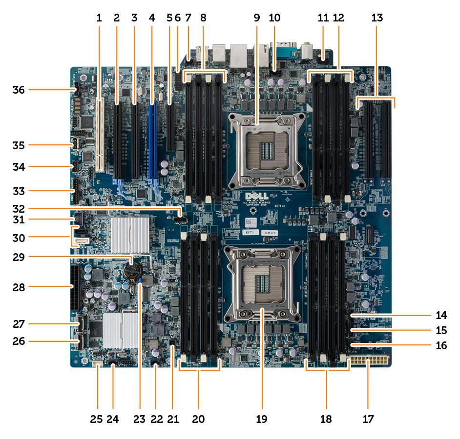 4. Sett på plass: a. prosessor b. minnemodul(er) c. PCI-kort d. knappcellebatteri e. innbruddsbryter f. harddisk g. frontdeksel h. systemvifte i. varmeavleder j. lufttunnel k. optisk stasjon l.