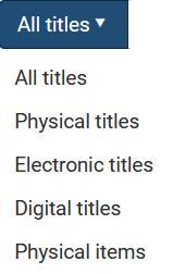 Søkeboks (Persistent search bar) Velg i nedtrekksmenyen under All titles hvis du vil avgrense søket: I nedtrekksmenyen under Keywords velger du søkekriteria (hvilke søkekriterier som kommer