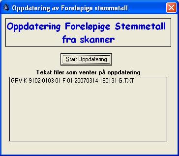 For foreløpige stemmetall trykk på knapp Forl.stm. Alle foreløpige stemmetall som er registrert i Valg2009 for alle kretser blir overført til den lokale databasen.