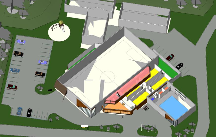 7 Skisser til ny svømmehall og flerbrukshall Det ble lagt fram tre alternative løsninger til ny svømmehall og flerbrukshall for prosjektgruppa.