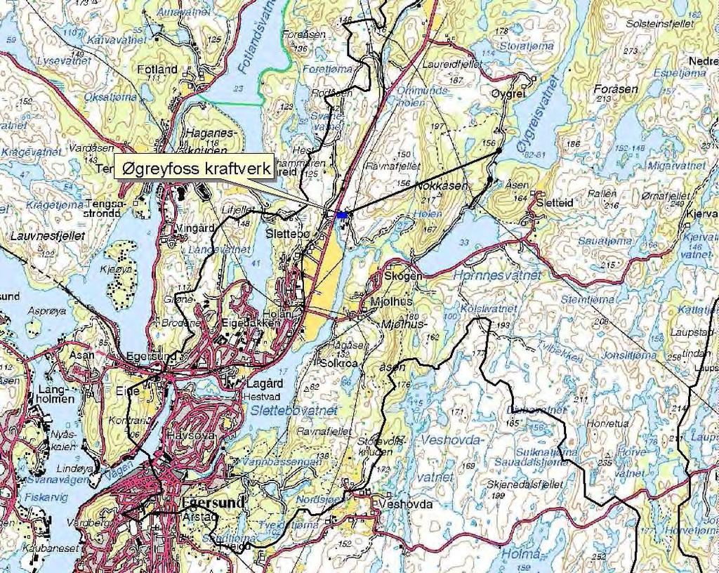 Figur 4. Kart som viser plasseringen til Øygreyfoss kraftverk og tunnelen mellom Øygreivatnet og Slettebøvatnet. 2.