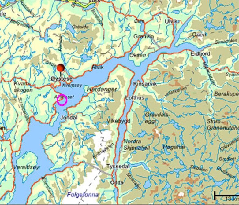 Strøm i fjorder sprangsjikt Eksempel: Hardangerfjorden medio november Målested Kan være mulig strømforløp ved fallende sjø