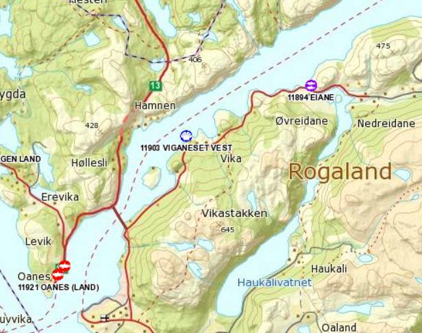 R/FD 0003, Eiane 11903 Viganeset Vest 11922 Oanes (sjø) 11921 Oanes (land) Figur 8. Settefiskanlegget ved Eiane og tilgrensende akvakulturvirksomhet i Lysefjorden.