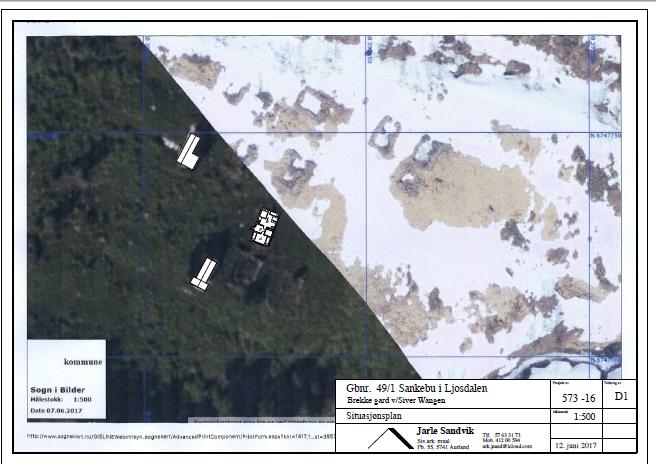 Situasjonsplan frå søknad. Sankebu til høgre for dei to eksisterande bygga. Ljosdalen i Flåm. Utklypp frå Fylkesatlas Lovgrunnlaget Verneformålet for Nærøyfjorden landskapsvernområde er å «.