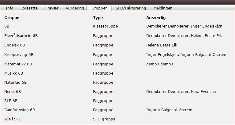 Merk deg at foresatte også har anledning til å finne frem vurderinger som ble gitt de foregående skoleår. Grupper Under fanen grupper kan foresatte se hvilke grupper eleven er tilknyttet.