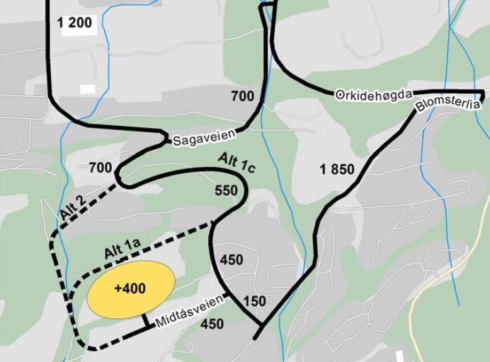 Figur 3-3: Trafikktall benyttet i beregningene. Figuren er hentet fra rapport 813888/1 Trafikk. For området innenfor Åsen Gård genereres 400 bilturer per døgn.