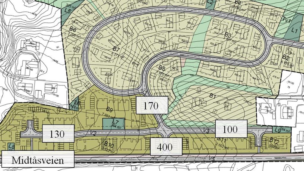 Figur 3-4: Fordeling av trafikk inne på Åsen Gård. 3.3 Beregningsverktøy og forutsetninger Utendørs støyberegninger er utført i CadnaA versjon 4.3.144 basert på nordisk beregningsmetode for vegtrafikkstøy 4.