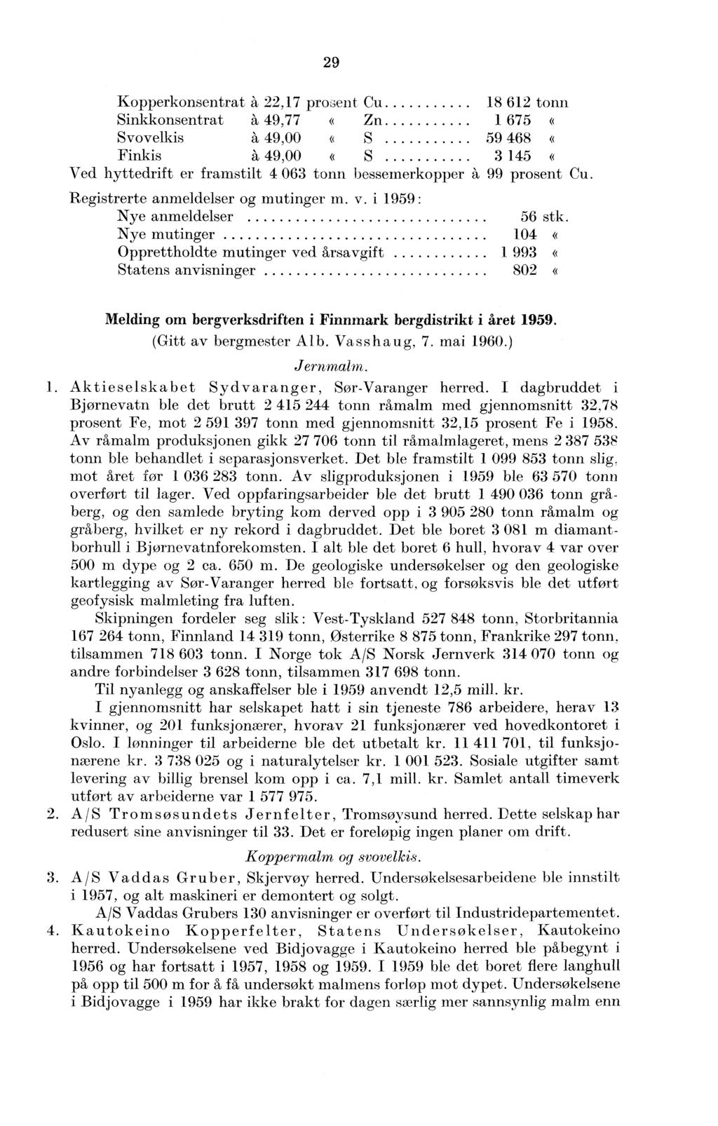 29 Kopperkonsentrat A. 22,17 progent Cu... 18 612 tonn Sinkkonsentrat a 49,77 Zn 1 675 o Svovelkis 49,00 «59 468 «Finkis 49,00 «S.