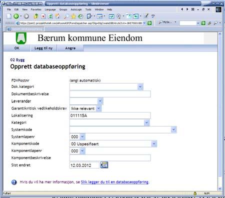 Start registreringen ved først å velge aktuell database. Skjermbilde for den aktuelle databasen åpnes. Klikk deretter på ny oppføring.