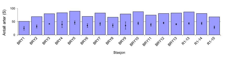 Totalt 8961 100 208 100 Figur 4.4-1 Antall individer (N) og arter (S) per 0,5m 2, snittverdi og standard avvik mellom grabbprøver (0,1m 2 ) (juvenile ikke medregnet), Brynhild 2012. Tabell 4.